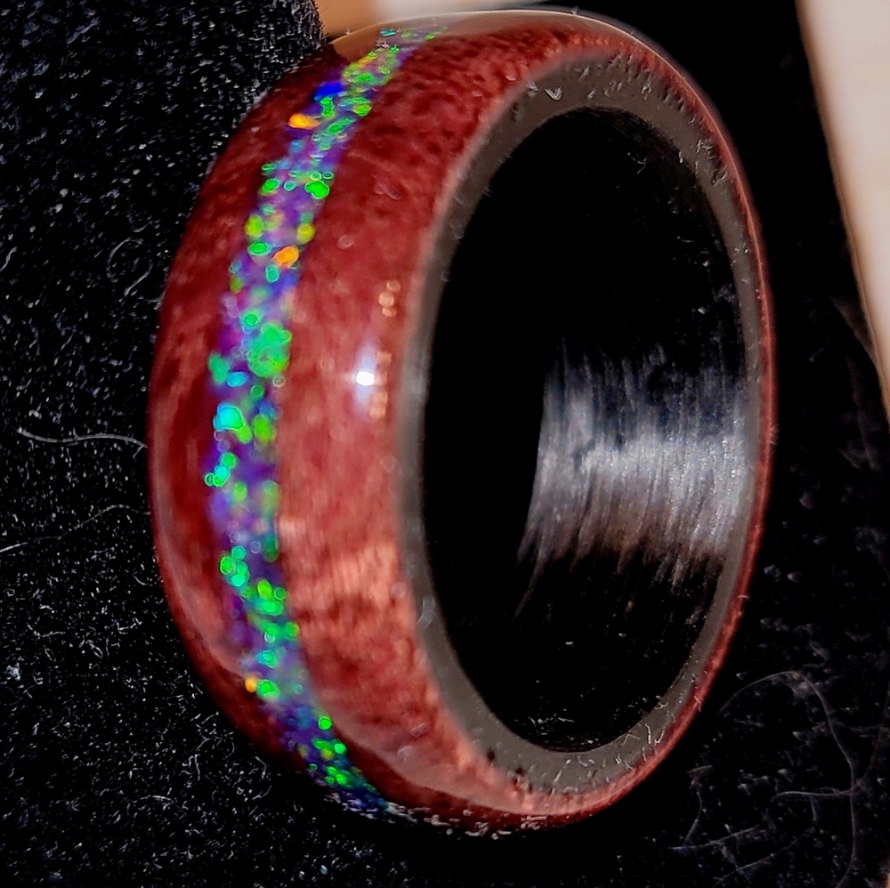 Custom handmade wood and opal ring